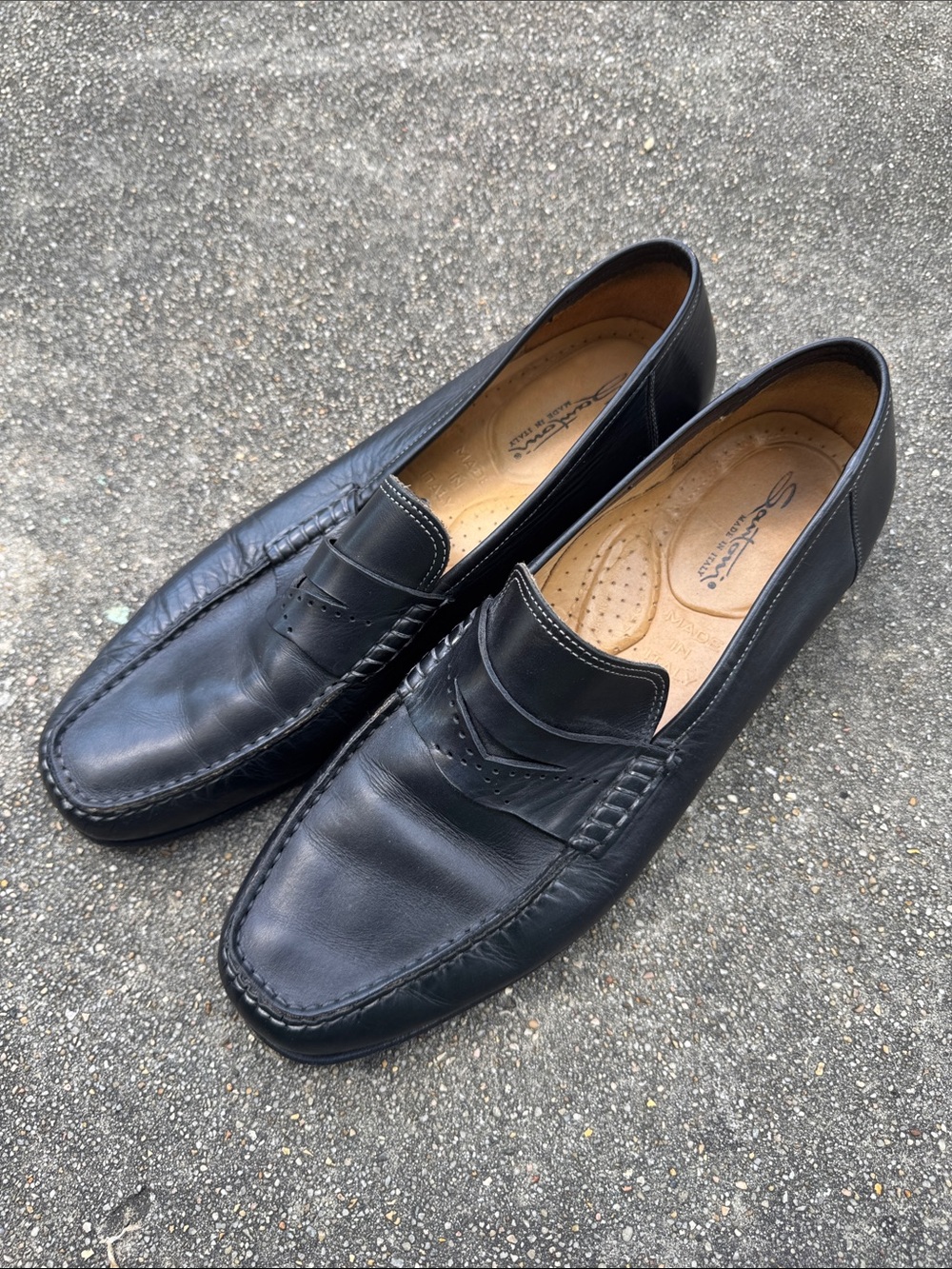Santoni Black Leather Penny Loafers Size 11.5D - Made In Italy